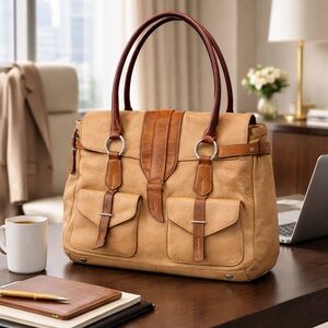 Tumi Tan & Cognac Leather Satchel Tote Double Pocket Ring Handle Bag